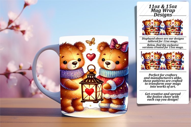 GLAMOROUS 15oz Mug Wrap PNG Design , Valentine Bear