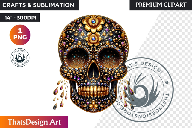 Floral Black Gold Sugar Skull Day of the Dead Clipart PNG