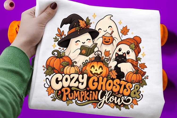 Cozy Ghosts and Pumpkin Glow Halloween Sublimation Design example image 1