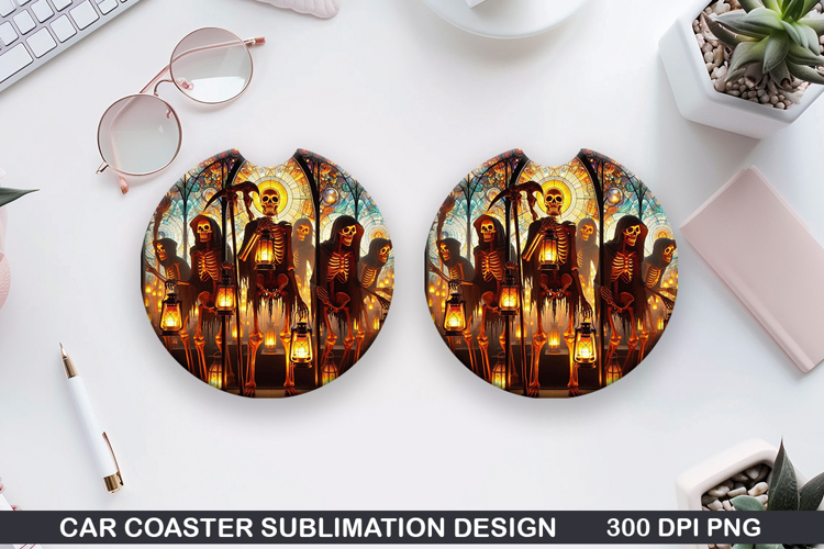Skeletons Car coaster sublimation, Halloween Coaster PNG