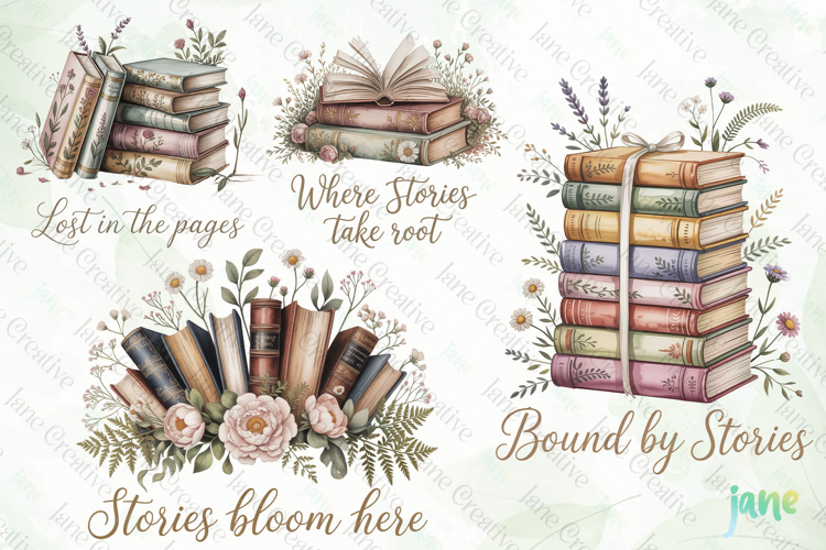 Cottagecore Books and Flowers Clipart