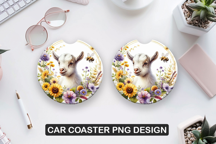 Goat Flowers Car Coaster Sublimation |Animal Coaster PNG