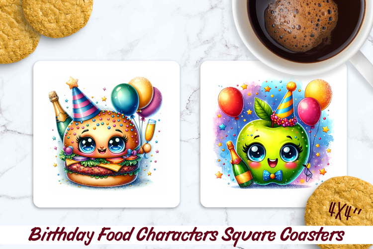 Birthday Food Square Coaster PNG 4x4, Sublimation Design.