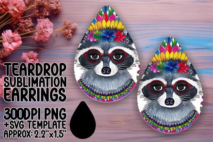 Happy Raccoon with Flower Teardrop Earrings Design