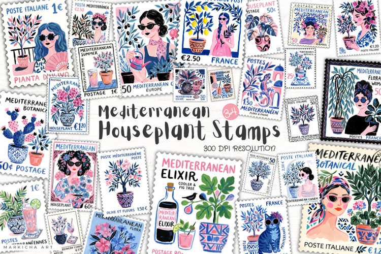 Mediterranean Houseplant Postage Stamp Clipart example image 1