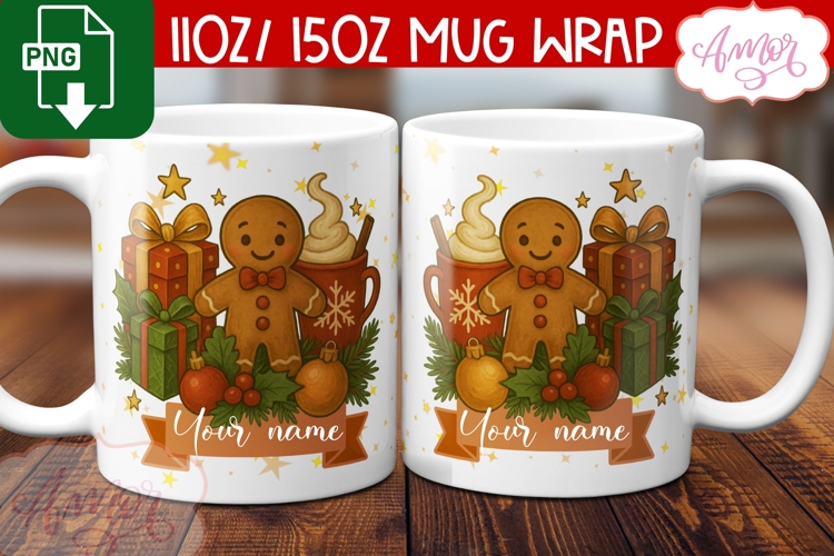 Custom Christmas mug wrap PNG, Gingerbread man mug template