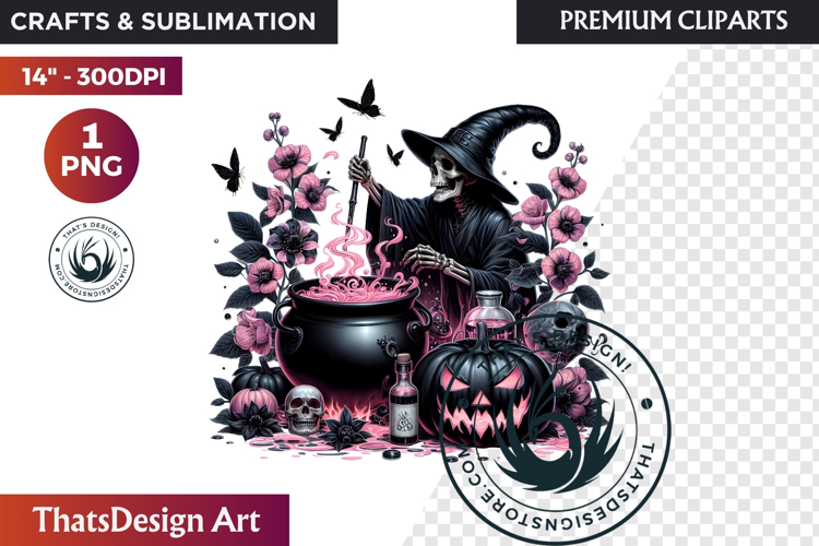 Pink & Black Gothic Halloween Skeleton Clipart PNG, Skull