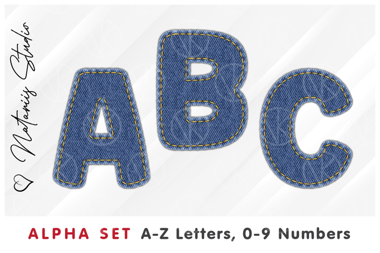 Denim Look Alpha Set. Letters Numbers Clipart.