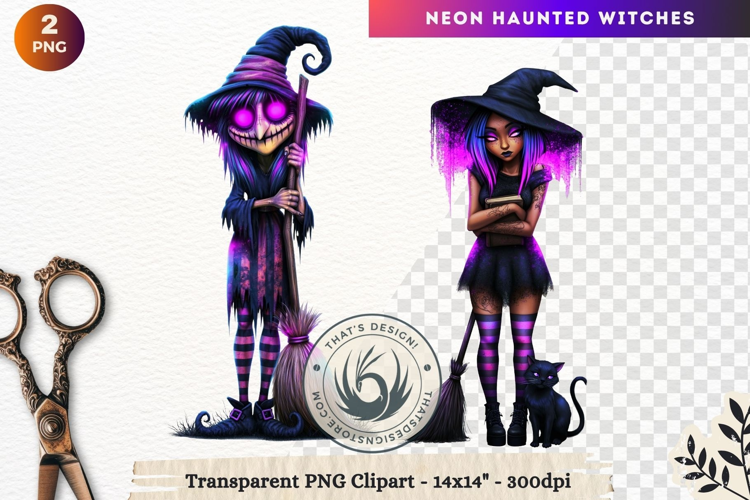 Neon Haunted Witches Clipart, Spooky Kawaii Halloween PNG