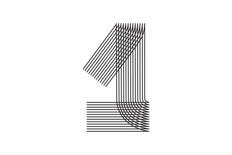 Line Art number 1 one in black thin lines striped isolated