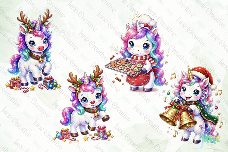 Cute Christmas Unicorn Clipart example image 1