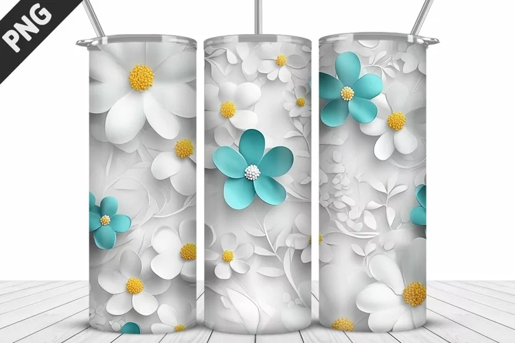 3D White Flowers Tumbler Wrap | Sublimation Design | Tumbler