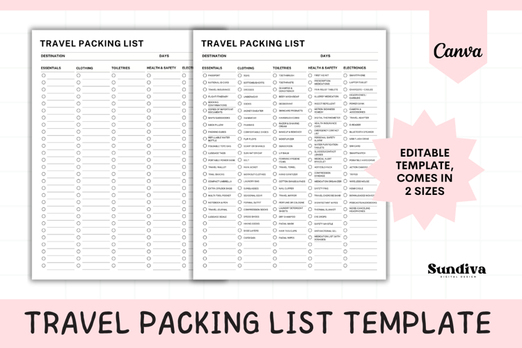 Travel Packing List Editable Template 5 | Travel Planner