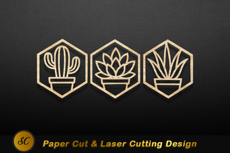 Hexagonal potted plants wood art cactus succulent Laser Cut