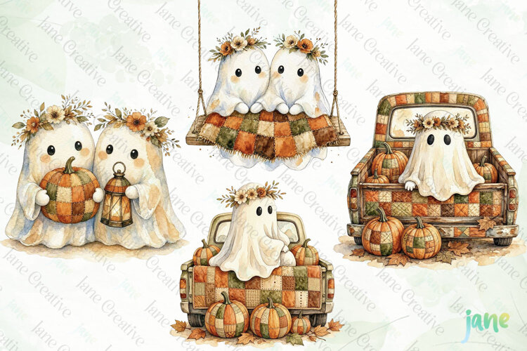 Autumn Patchwork Ghost Clipart example image 1