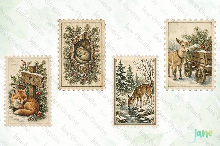 Vintage Winter Postage Stamp Clipart example image 1