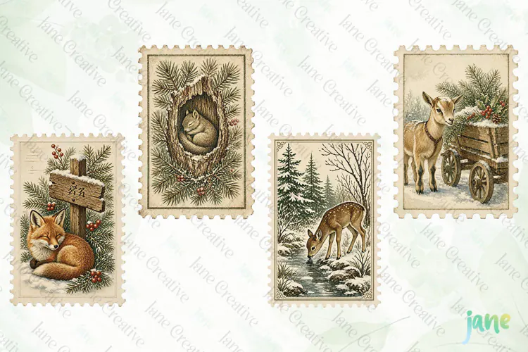 Vintage Winter Postage Stamp Clipart