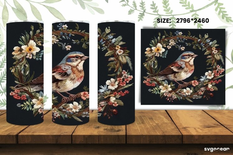 Sparrow Embroidery Tumbler Wrap | Skinny 20 oz | Sublimation