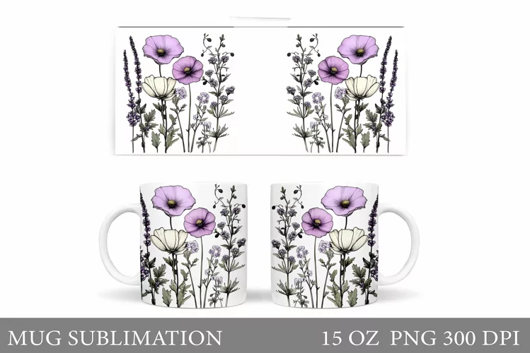 Flowers Mug Wrap Design. Wildflowers Mug Sublimation