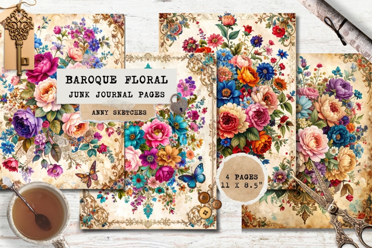 4 Baroque Floral Junk Journal Pages Vintage Printable