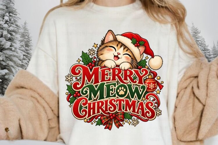 Merry Meow Christmas Cat PNG - Cute Santa Hat Kitten Holiday example image 1