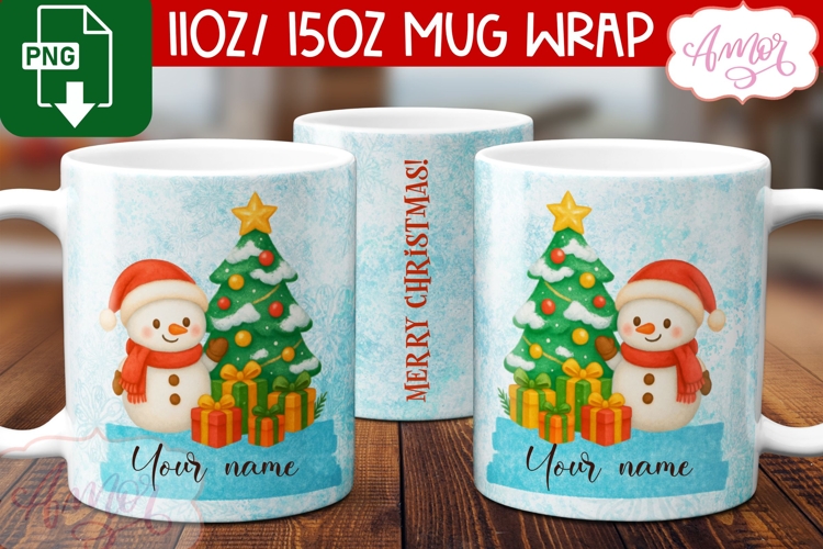 Custom Christmas mug wrap PNG, Cute Snowman png template