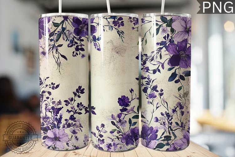 Purple Floral Tumbler Wrap - High Quality 300 Dpi