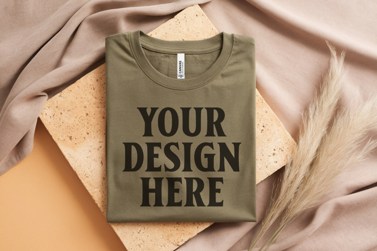 Heather Olive Bella Canvas 3001 Flat Lay T-Shirt Mockup