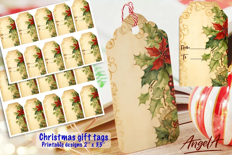 Retro Christmas printable tags, retro Christmas poinsettia