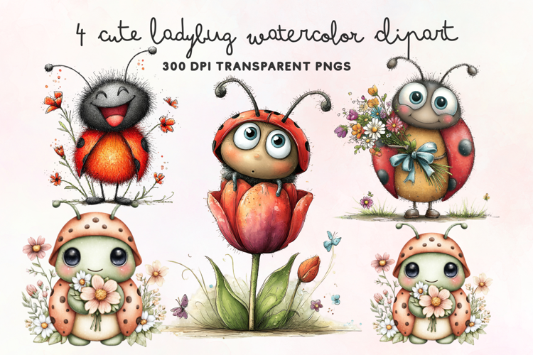 Cute Ladybug Watercolor Clipart PNG