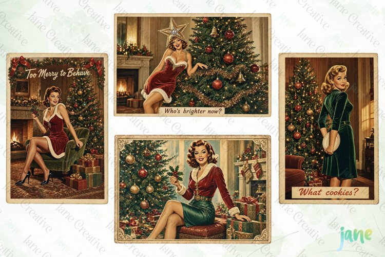 Vintage Christmas Pin-up Stamp Clipart example image 1
