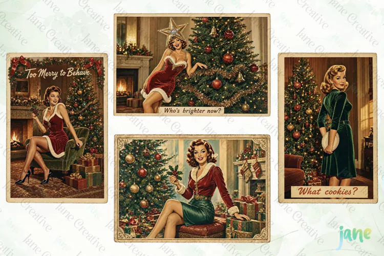 Vintage Christmas Pin-up Stamp Clipart