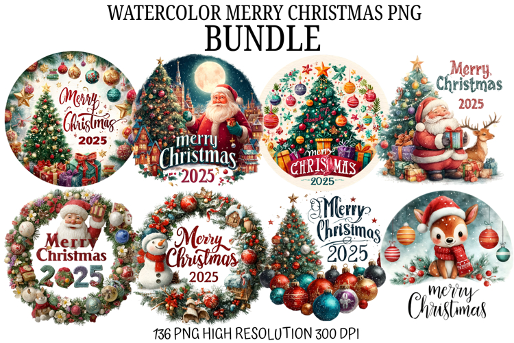 Watercolor Merry Christmas PNG Bundle | Festive Holiday Wate