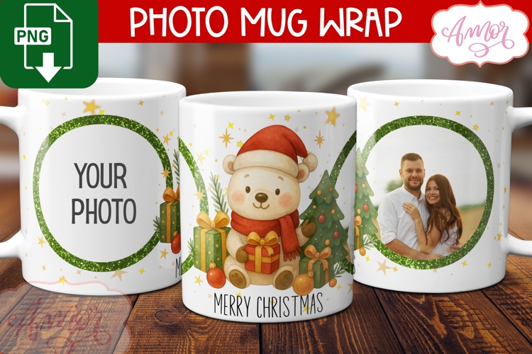 Merry Christmas photo mug wrap PNG, Polar bear mug template