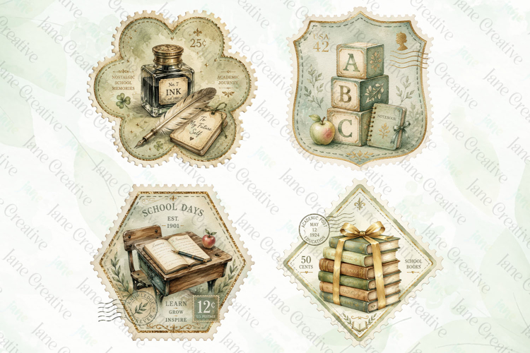 Vintage Back to School Postage Stamp Clipart