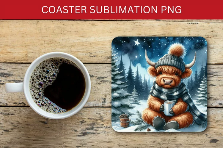 square coaster - highland cow and coffee