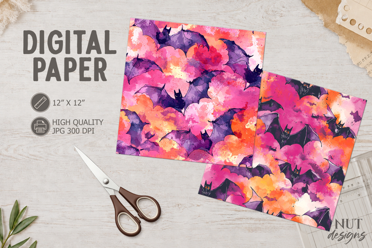 Pink orange Watercolor Halloween Digital Paper Spooky Bat