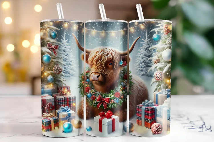 Christmas Highland Cow Tumbler Wrap | Sublimation | Tumblers