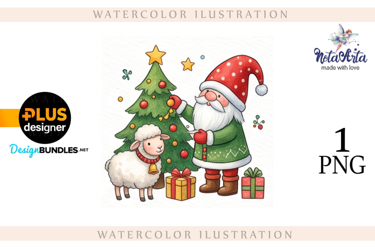 Christmas Gnome Santa with a Sheep in Watercolor Style