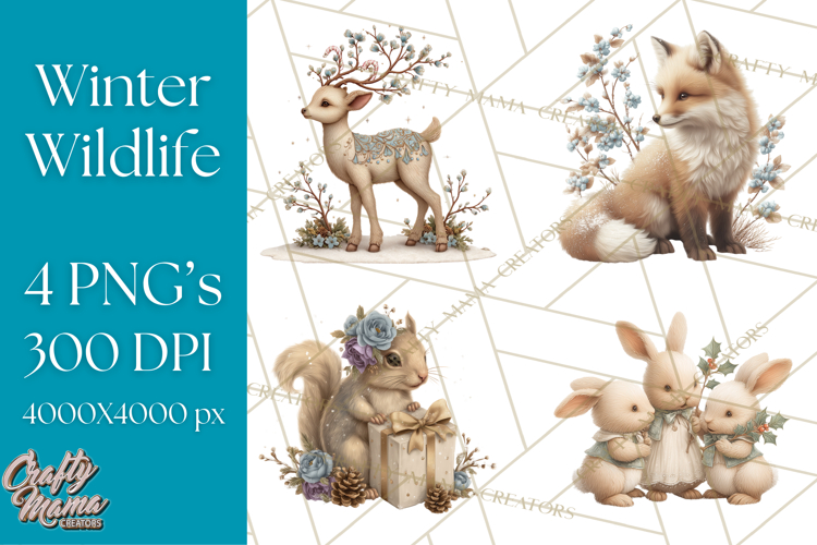 Snowy Forest Animals Clipart PNG, Holiday Woodland Art