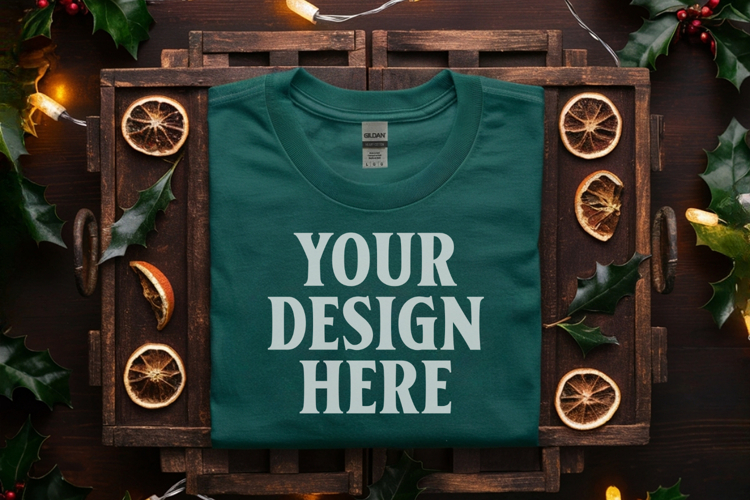 Gildan 5000 Forest Green Folded Christmas Mockup, G5000 mock