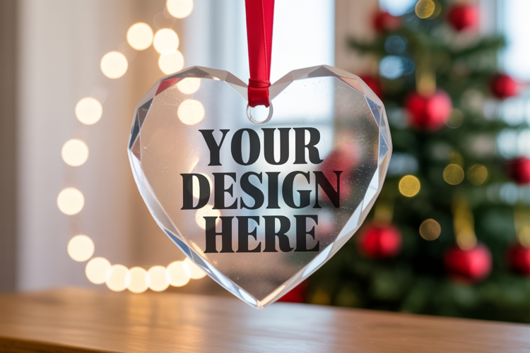 Christmas Heart Crystal Glass Ornament Mockups