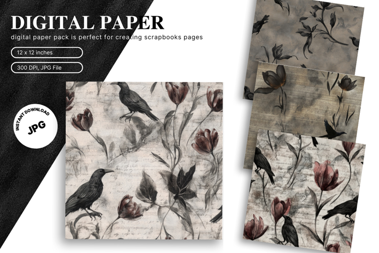 Black Raven Crow Halloween Background Seamless Pattern_31