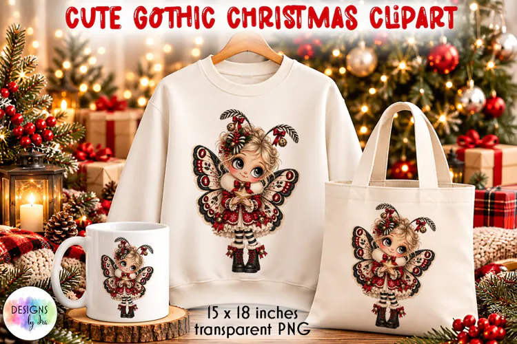 Cute Gothic Christmas Moth Girl PNG Clipart