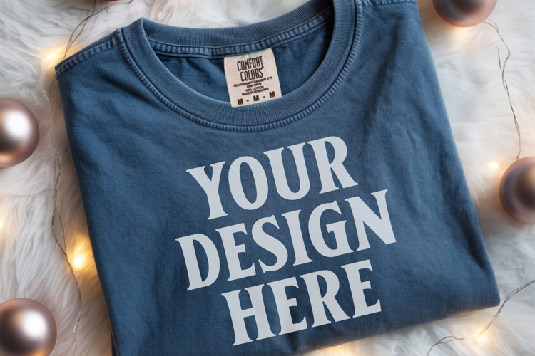 True Navy Comfort Colors 1717 Christmas Folded T-Shirt Mock