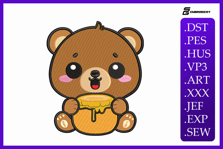 Cute Teddy Bear with Honey Pot Embroidery Designs