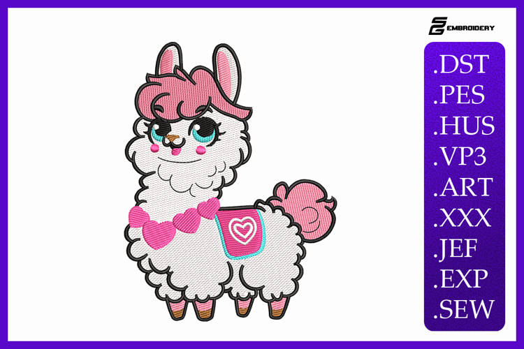 Kawaii Pink Llama Machine Embroidery Design