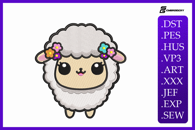 Cute Sheep with Flowers Embroidery Design For Machine