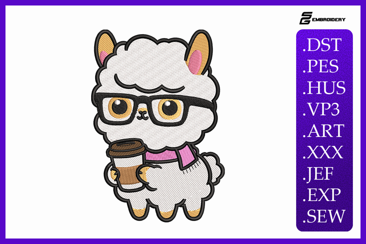 Llama with Coffee Embroidery Design For Machine