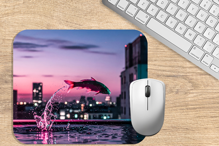 Neon beach with jumping dolphin. Mousepad sublimation
